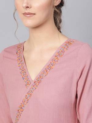 Pink Embroidered Wrap Flared Kurta Dress 4