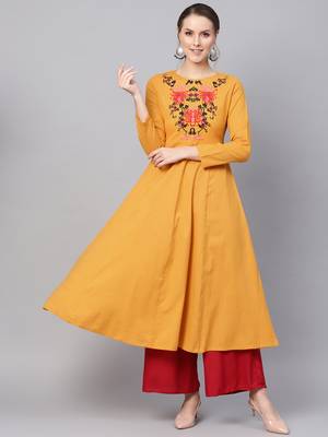 Mustard Yoke Embroidered  Flared Kurta Dress 1