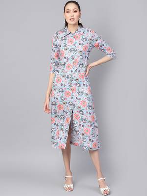 Blue floral_print Collared Shirt Maxi 1
