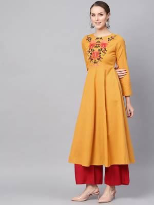 Mustard Yoke Embroidered  Flared Kurta Dress 2