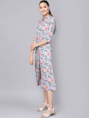 Blue floral_print Collared Shirt Maxi 2