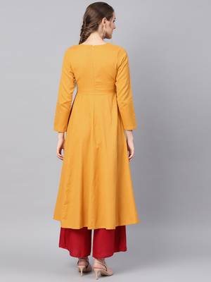 Mustard Yoke Embroidered  Flared Kurta Dress 3