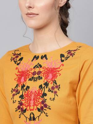 Mustard Yoke Embroidered  Flared Kurta Dress 4