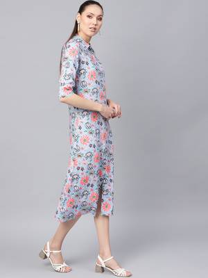 Blue floral_print Collared Shirt Maxi 4