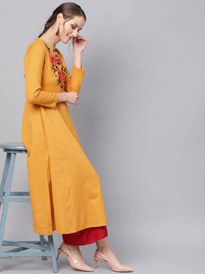 Mustard Yoke Embroidered  Flared Kurta Dress 5
