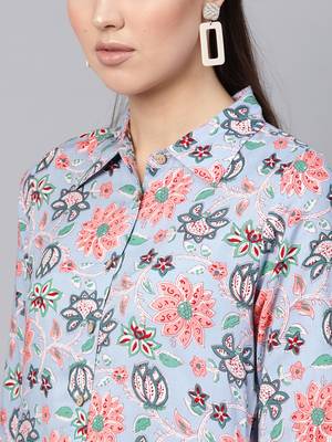 Blue floral_print Collared Shirt Maxi 5