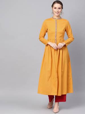 Mustard Embroidered Front Open Kurta 1