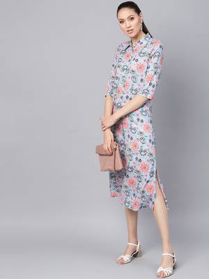 Blue floral_print Collared Shirt Maxi 6