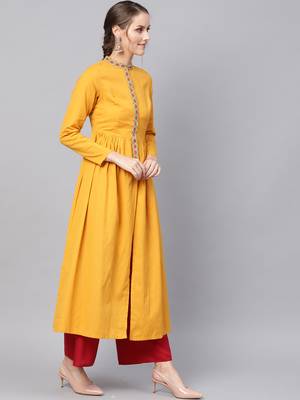 Mustard Embroidered Front Open Kurta 4