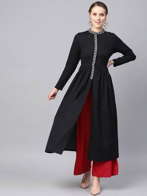 Black Embroidered Front Open Kurta 1