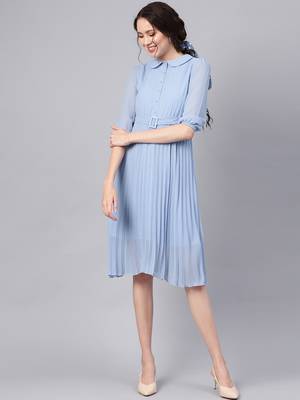 Blue Peterpan Pleated Belted Midi Dress 1