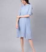 Blue Peterpan Pleated Belted Midi Dress