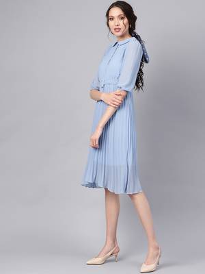 Blue Peterpan Pleated Belted Midi Dress 2