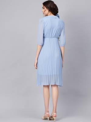 Blue Peterpan Pleated Belted Midi Dress 3