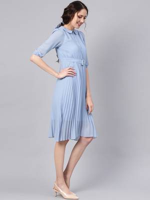 Blue Peterpan Pleated Belted Midi Dress 4