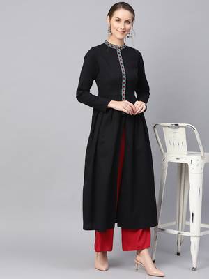 Black Embroidered Front Open Kurta 5