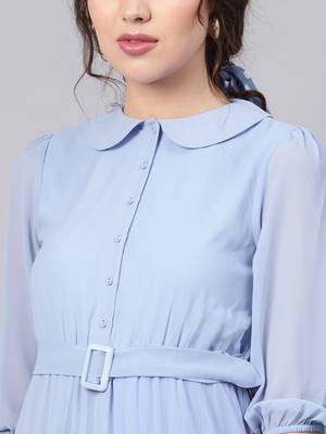 Blue Peterpan Pleated Belted Midi Dress 5