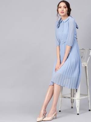 Blue Peterpan Pleated Belted Midi Dress 6