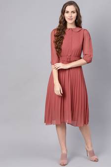 Rose Pink Peterpan Belted Pleated Midi Dress