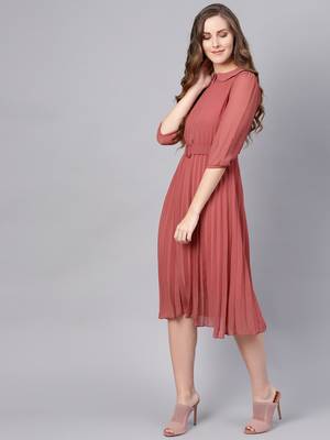 Rose Pink Peterpan Belted Pleated Midi Dress 2
