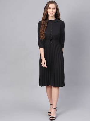 Black Peterpan Belted Pleated Midi Dress 1