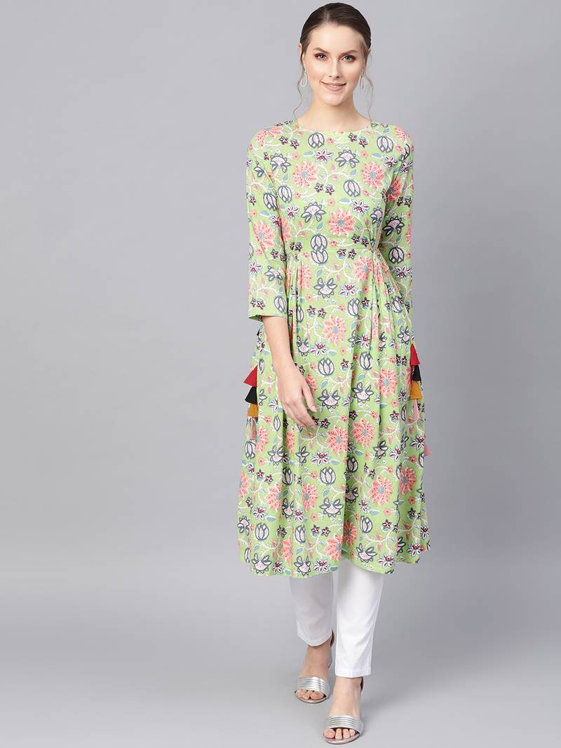 Women Yellow Floral Bishop Sleeves Tie-Up Kurta main image 0