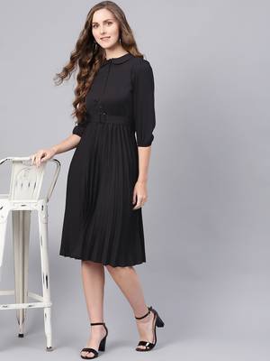 Black Peterpan Belted Pleated Midi Dress 6
