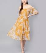 Mustard floral_print Mesh Off Shoulder Midi Dress