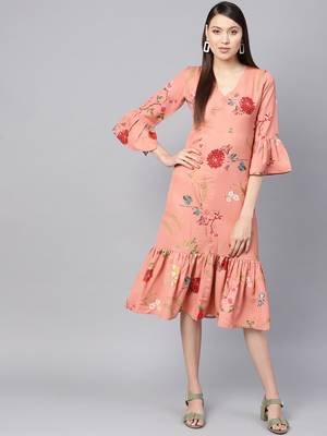 Pink floral_print Frill Hem Wrap Dress 1