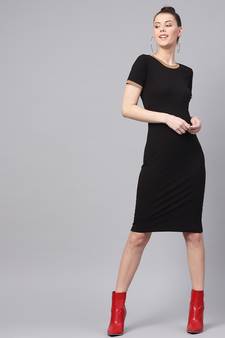 Black Bodycon Rib-Trim Athleisure Dress