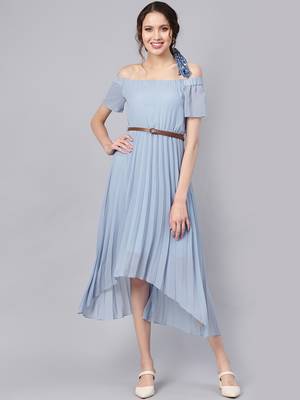 Blue Off Shoulder High Low Belted Pleated Dress 1
