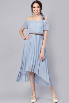 Blue Off Shoulder High Low Belted Pleated Dress
