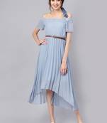 Blue Off Shoulder High Low Belted Pleated Dress