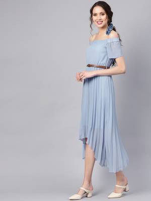 Blue Off Shoulder High Low Belted Pleated Dress 2