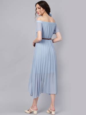 Blue Off Shoulder High Low Belted Pleated Dress 3