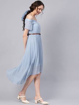 Blue Off Shoulder High Low Belted Pleated Dress 4