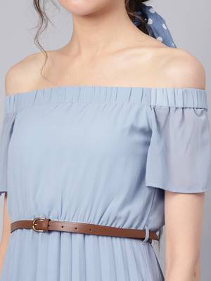 Blue Off Shoulder High Low Belted Pleated Dress 5