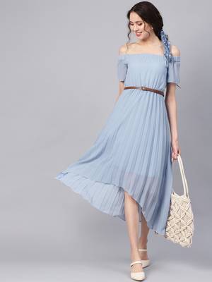 Blue Off Shoulder High Low Belted Pleated Dress 6