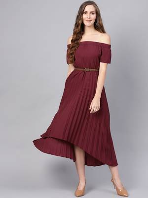 brown Off Shoulder High Low Belted Pleated Dress 1