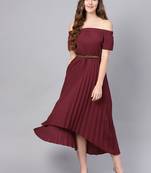 brown Off Shoulder High Low Belted Pleated Dress