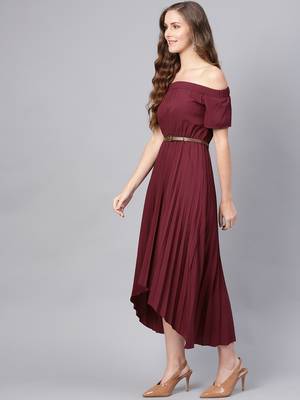 brown Off Shoulder High Low Belted Pleated Dress 2