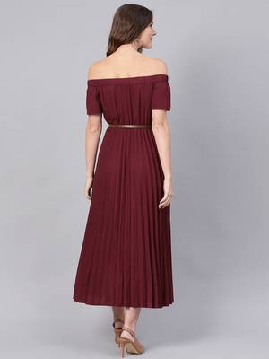 brown Off Shoulder High Low Belted Pleated Dress 3