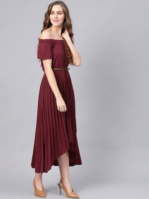 brown Off Shoulder High Low Belted Pleated Dress 4