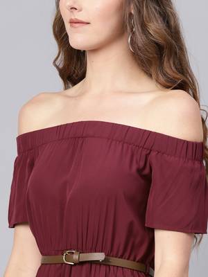 brown Off Shoulder High Low Belted Pleated Dress 5