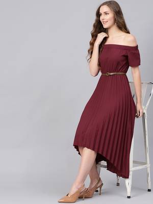 brown Off Shoulder High Low Belted Pleated Dress 6
