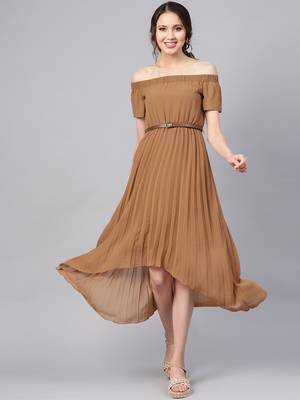 Brown Off Shoulder High Low Belted Pleated Dress 1