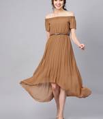 Brown Off Shoulder High Low Belted Pleated Dress