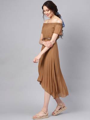 Brown Off Shoulder High Low Belted Pleated Dress 2
