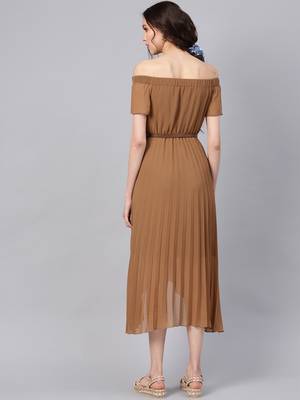 Brown Off Shoulder High Low Belted Pleated Dress 3