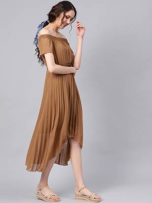 Brown Off Shoulder High Low Belted Pleated Dress 4